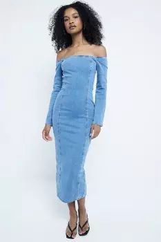 Джинсовое платье миди с вырезом «бардо» River Island, синий