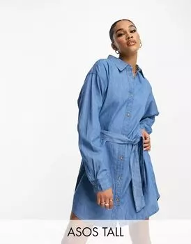 Джинсовое платье мини с поясом ASOS DESIGN Tall средней стирки