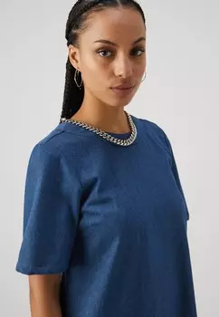 Джинсовое платье Pcdove O Neck Bow Short Dress Pieces, средний синий деним