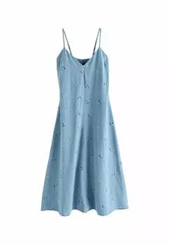 Джинсовое платье PETITE FIT - FLORAL EMBROIDERED Next, синий