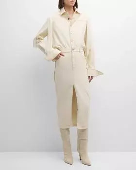 Джинсовое платье-рубашка миди с разрезом и длинными рукавами и бахромой Ivy Hellessy, цвет Ivory