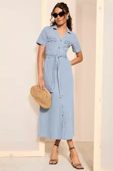 Джинсовое платье-рубашка миди с завязкой на талии Friends Like These, синий
