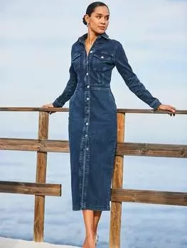 Джинсовое платье-рубашка миди Sosandar, цвет Dark Indigo