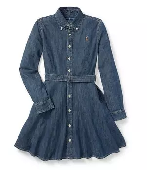Джинсовое платье-рубашка с поясом для больших девочек 7–16 лет Polo Ralph Lauren, синий