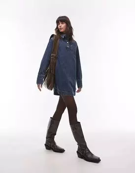 Джинсовое платье с длинными рукавами, средне-синего цвета Topshop