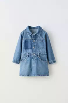 Джинсовое платье с карманами ZARA, средне-синий