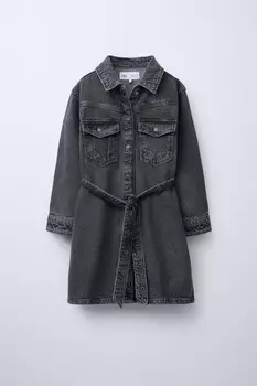 Джинсовое платье с поясом ZARA, черный