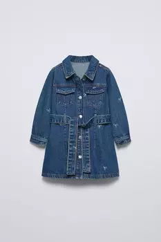Джинсовое платье с принтом бант ZARA, средний-синий