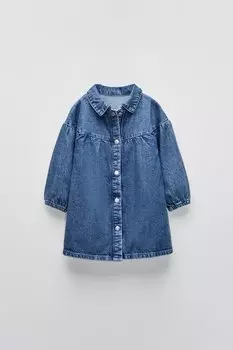 Джинсовое платье с вышитой этикеткой ZARA, средне-синий