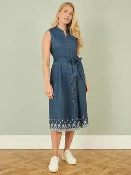 Джинсовое платье с вышитой каймой из ромашек Yumi, синий