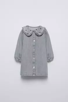 Джинсовое платье с вышитым воротником ZARA, серый