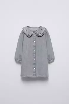 Джинсовое платье с вышитым воротником ZARA, серый