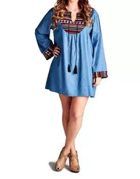 Джинсовое платье с вышивкой и кисточками синего цвета Velzera