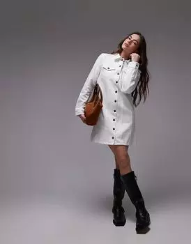 Джинсовое платье свободного кроя с длинными рукавами белого цвета Topshop