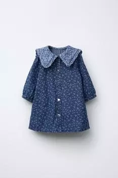 Джинсовое платье в цветочек ZARA, средне-синий