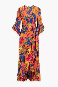 Джинсовое жаккардовое платье миди с запахом и оборками DIANE VON FURSTENBERG, оранжевый