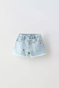 Джинсовые бермудские шорты с вышитыми сердечками ZARA, светло-голубой