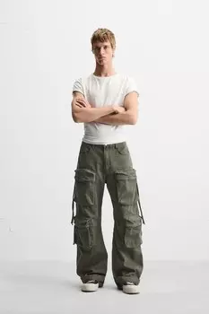 Джинсовые брюки с карманами-карго ZARA, зеленый