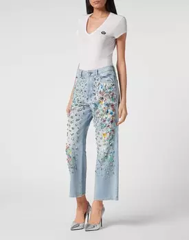 Джинсовые брюки с высокой посадкой и кристаллами Philipp Plein, frozen blue
