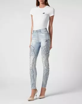 Джинсовые брюки с высокой талией и кристаллами Cowboy Philipp Plein, цвет Ice Cube