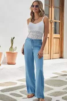 Джинсовые брюки широкого кроя с завязками и карманами Sosandar, синий