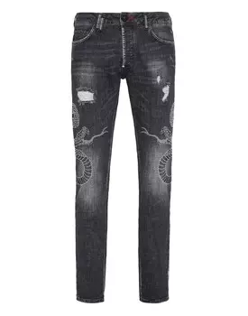 Джинсовые брюки супер прямого кроя со змеиным узором Philipp Plein, цвет Full Metal
