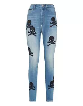 Джинсовые джеггинсы с высокой талией и черепом PHILIPP PLEIN, цвет storm/indigo