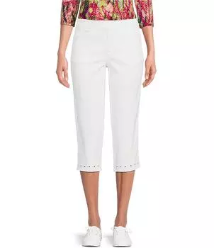 Джинсовые капри без застежек с прямыми штанинами и люверсами по нижнему краю в виде ромашек для миниатюрных размеров Intro, белый
