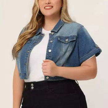Джинсовые куртки больших размеров для женщин, укороченная джинсовая куртка с пуговицами спереди и закатанными рукавами Agnes Orinda