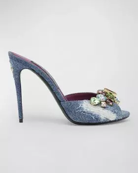 Джинсовые мюли на шпильке с разноцветными кристаллами Dolce&Gabbana, цвет Blue Multicolor