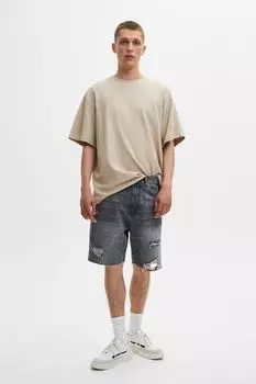 Джинсовые рваные шорты-бермуды свободного кроя серого цвета PULL&amp;BEAR