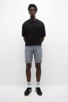 Джинсовые рваные шорты узкого кроя голубого цвета бермуды Pull&Bear, серый
