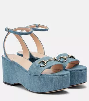 Джинсовые сандалии на платформе с подвеской Horsebit Gucci, Old Azure