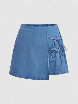 Джинсовые шорты большого размера MOD с бантом и юбкой, синие Shein, светло-голубой