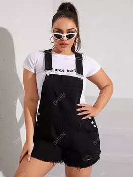 Джинсовые шорты EZwear Plus, рваные, потертые края, без футболки Shein, черный