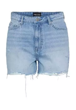 Джинсовые шорты "Лето", бахрома, завышенная талия, женские PIECES, цвет 184718 Light Blue