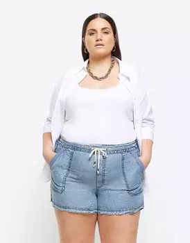Джинсовые шорты River Island Plus – с завязкой спереди (Синий оттенок)