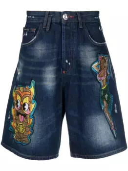 Джинсовые шорты с нашивками Philipp Plein, синий