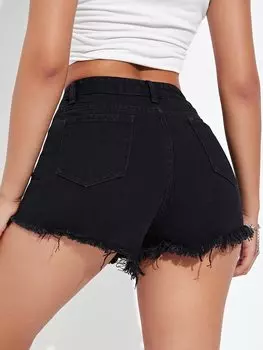 Джинсовые шорты SHEIN EZwear, завышенная талия, рваные концы, потертые, черный цвет