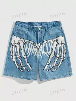 Джинсовые шорты Street Life Отпечаток руки в кости, мужской, компактный, летний, для школы Romwe, синий