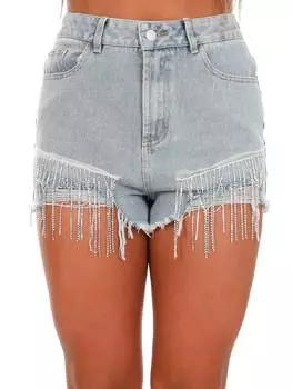Джинсовые шорты Time Out со стразами и бахромой из светлого денима Cloud Ten, цвет light denim