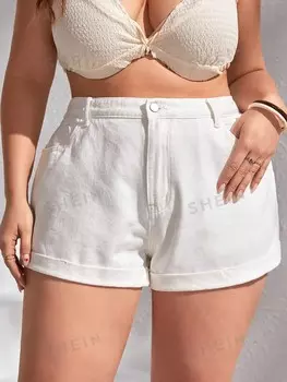 Джинсовые шорты Unity Plus с завышенной талией и закатанным краем Shein, белый