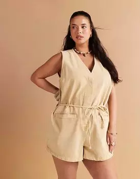 Джинсовый комбинезон без рукавов с завязками сзади ASOS DESIGN Curve бежевого цвета ASOS Curve