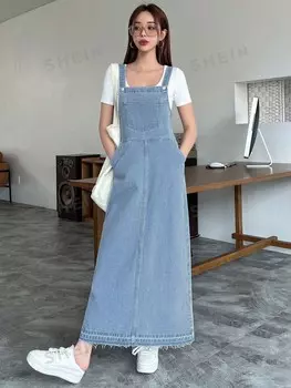 Джинсовый комбинезон, диагональные карманы, разрез сзади, без футболки Dazy, светло-голубой