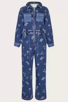 Джинсовый комбинезон из эластичного принта с космическим принтом Monsoon, синий