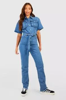 Джинсовый комбинезон-карго с короткими рукавами и поясом Boohoo, синий
