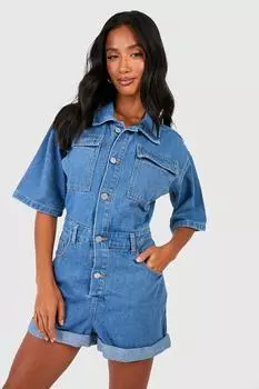 Джинсовый комбинезон Petite с закатанным краем boohoo, синий