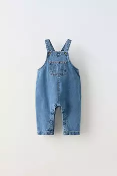 Джинсовый комбинезон с карманом ZARA, средне-синий