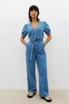 Джинсовый комбинезон с пышными рукавами Oliver Bonas, синий
