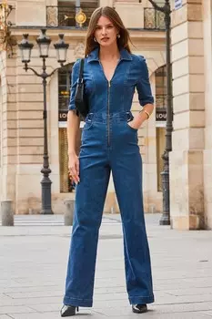 Джинсовый комбинезон с широкими штанинами и застежкой молнией спереди Sosandar, синий